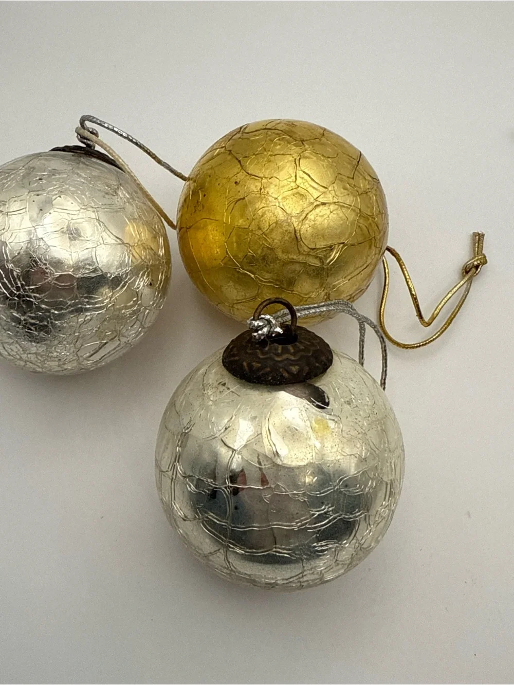 Set of 4 Vintage Metallic Gold & Silver Ornaments, Kugel Style, mercury glass